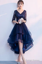 Navy Blue Lace And Tulle Layers V-Neckline High Low Party Dress, Blue Short Prom Dress