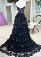 Navy Blue Lace And Tulle Sweetheart Long Formal Dress, Navy Blue Prom Dress