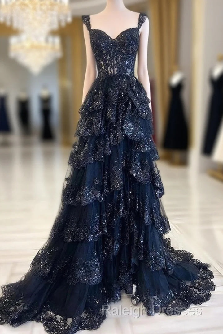 Navy Blue Lace And Tulle Sweetheart Long Prom Dresses Navy Blue Prom Dresses Main image