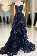 Navy Blue Lace And Tulle Sweetheart Long Prom Dresses Navy Blue Prom Dresses