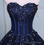 Navy Blue Lace Applique Tulle Long Party Dress, Blue Formal Gown