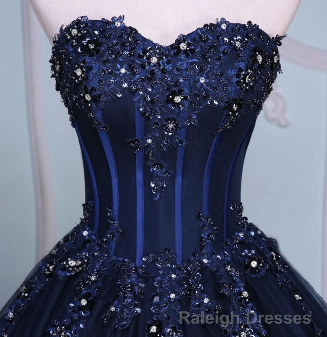 Navy Blue Lace Applique Tulle Long Party Dress, Blue Formal Gown