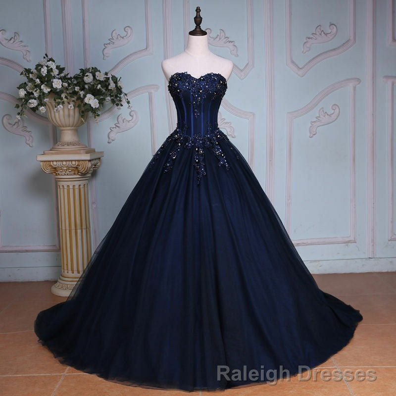 Navy Blue Lace Applique Tulle Long Prom Dress, Blue Formal Gowns