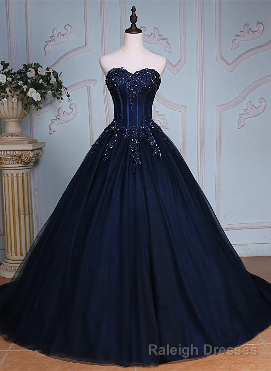 Navy Blue Lace Applique Tulle Long Prom Dress, Blue Formal Gowns