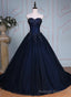 Navy Blue Lace Applique Tulle Long Prom Dress, Blue Formal Gowns