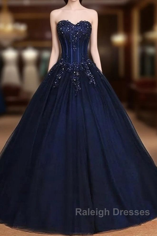 Navy Blue Lace Applique Tulle Long Prom Dresses Prom Gown Off Shoulder Floor Length Prom Dresses Main image