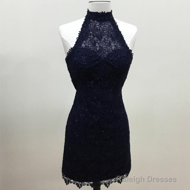Navy Blue Lace Halter Bridesmaid Dresses Short Wedding Party Dresses