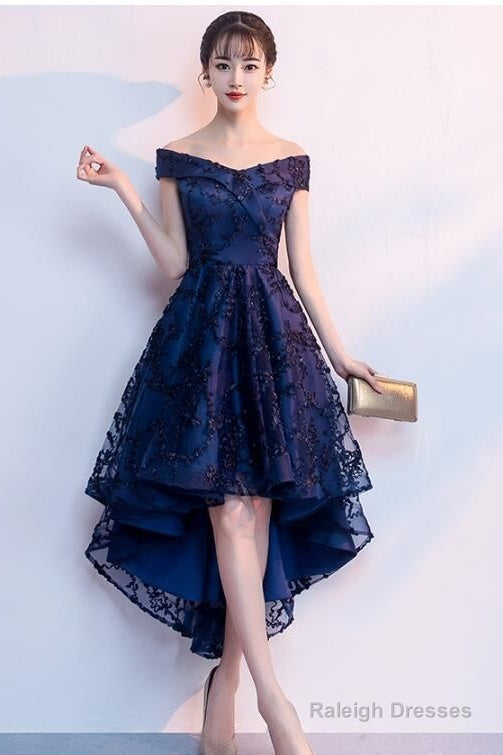Navy Blue Lace High Low Chic Homecoming Dress, Beautiful Party Dresses Main image