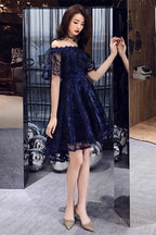 Navy Blue Lace High Low Party Dress Homecoming Dress, Navy Blue Prom Dress