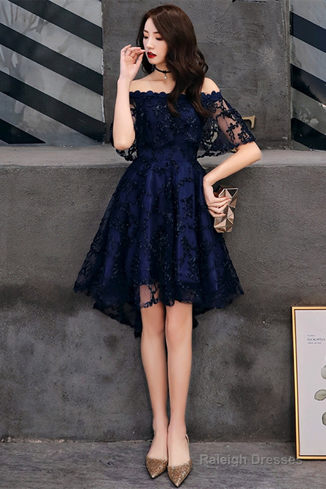 Navy Blue Lace High Low Party Dress Homecoming Dress, Navy Blue Prom Dress