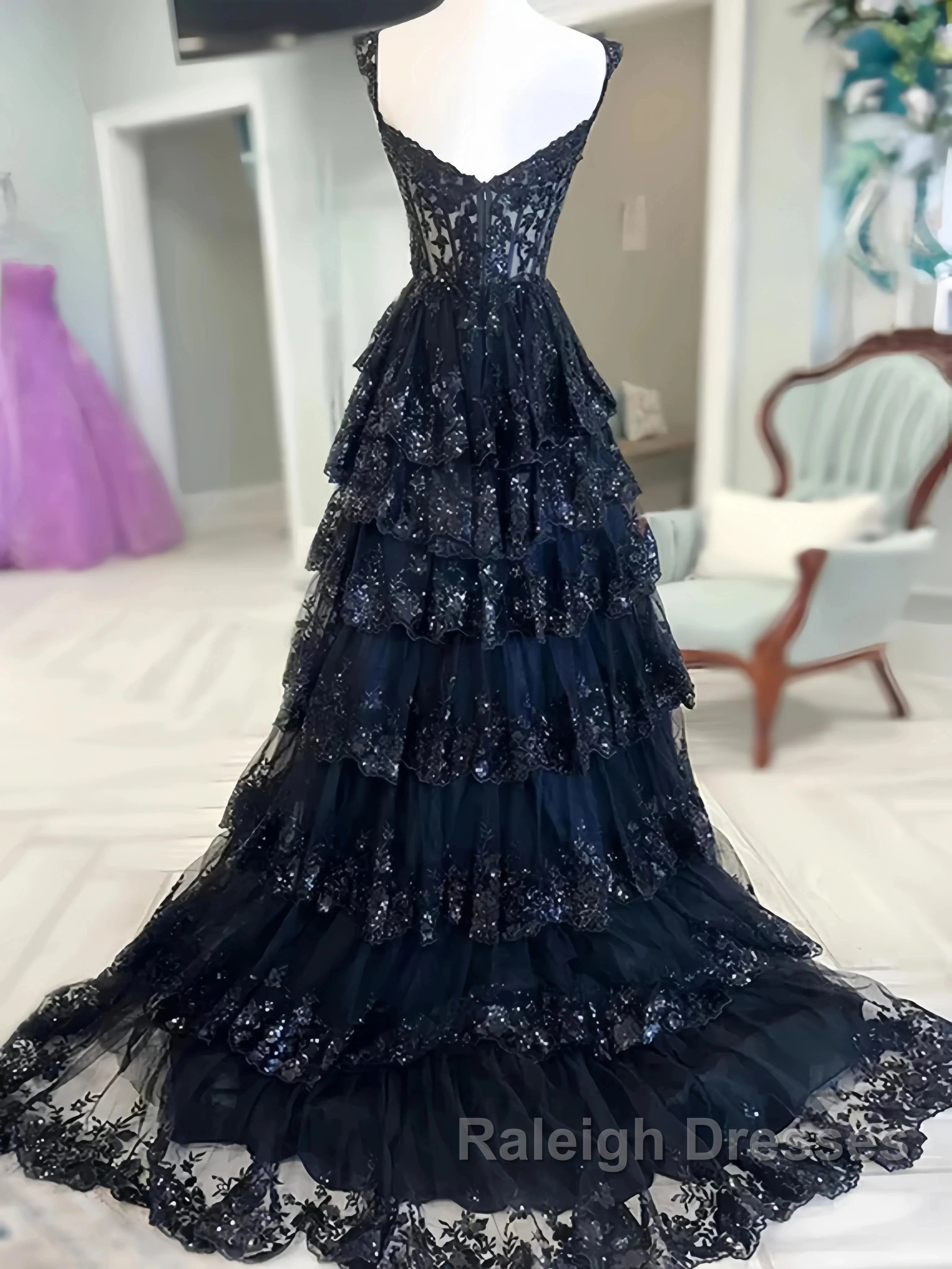 Navy Blue Lace Layered A Line  Prom Dress