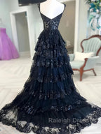 Navy Blue Lace Layered A-Line Prom Dresses