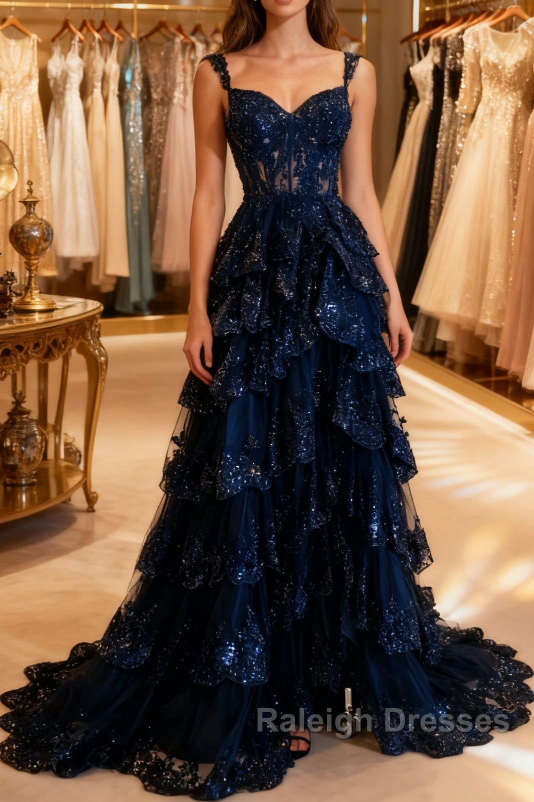 Navy Blue Lace Layered A-Line Prom Dresses Main image