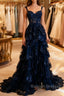 Navy Blue Lace Layered A-Line Prom Dresses