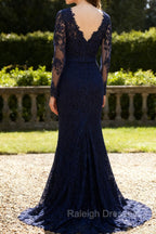Navy Blue Lace Long Sleeves Applique Mermaid Long Fromal Prom Dress