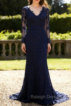 Navy Blue Lace Long Sleeves Applique Mermaid Long Fromal Prom Dress