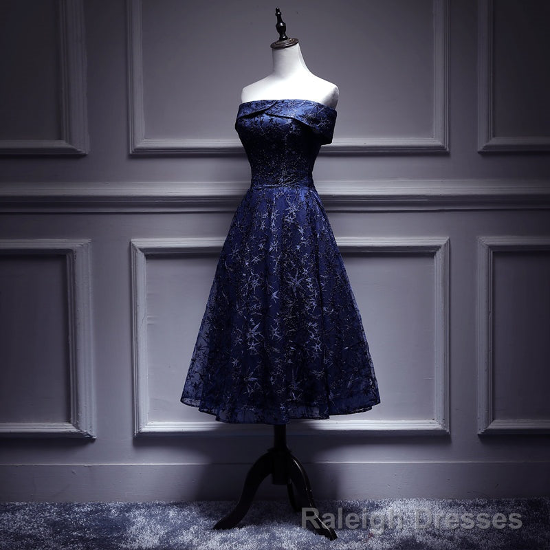 Navy Blue Lace Off Shoulder Wedding Prom Dress Bridesmaid Dress,Blue Formal Dress