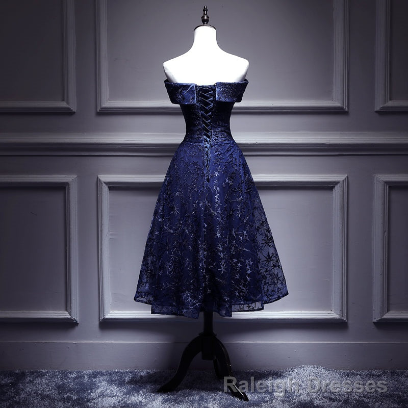 Navy Blue Lace Off Shoulder Wedding Prom Dress Bridesmaid Dress,Blue Formal Dress