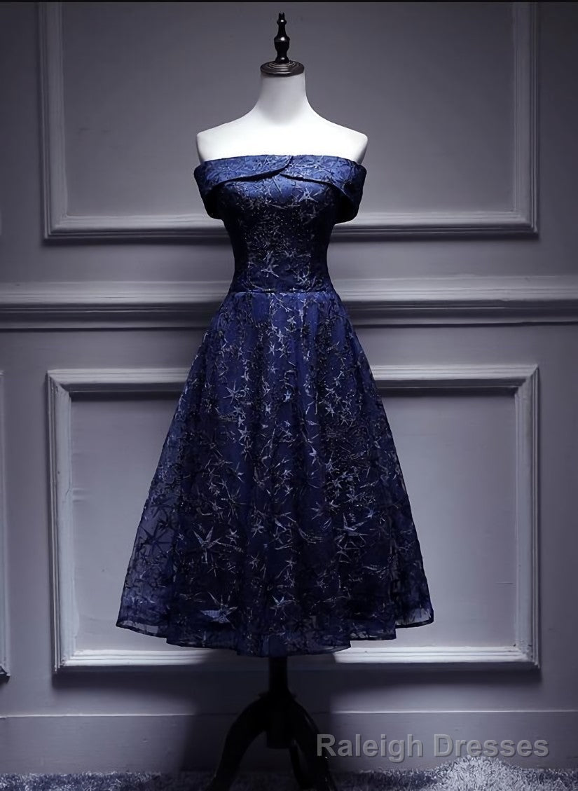 Navy Blue Lace Off Shoulder Wedding Prom Dress Bridesmaid Dress,Blue Formal Dress Secondary image