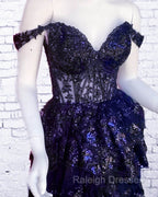 Navy Blue Lace Ruffle Homecoming Dress