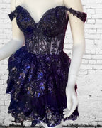 Navy Blue Lace Ruffle Homecoming Dress