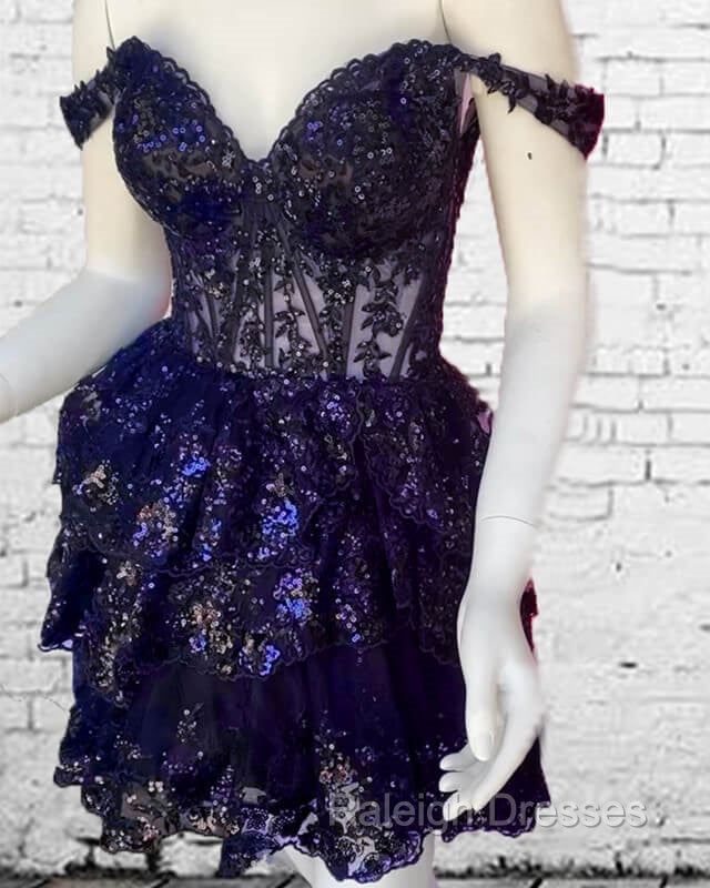 Navy Blue Lace Ruffle Homecoming Dress