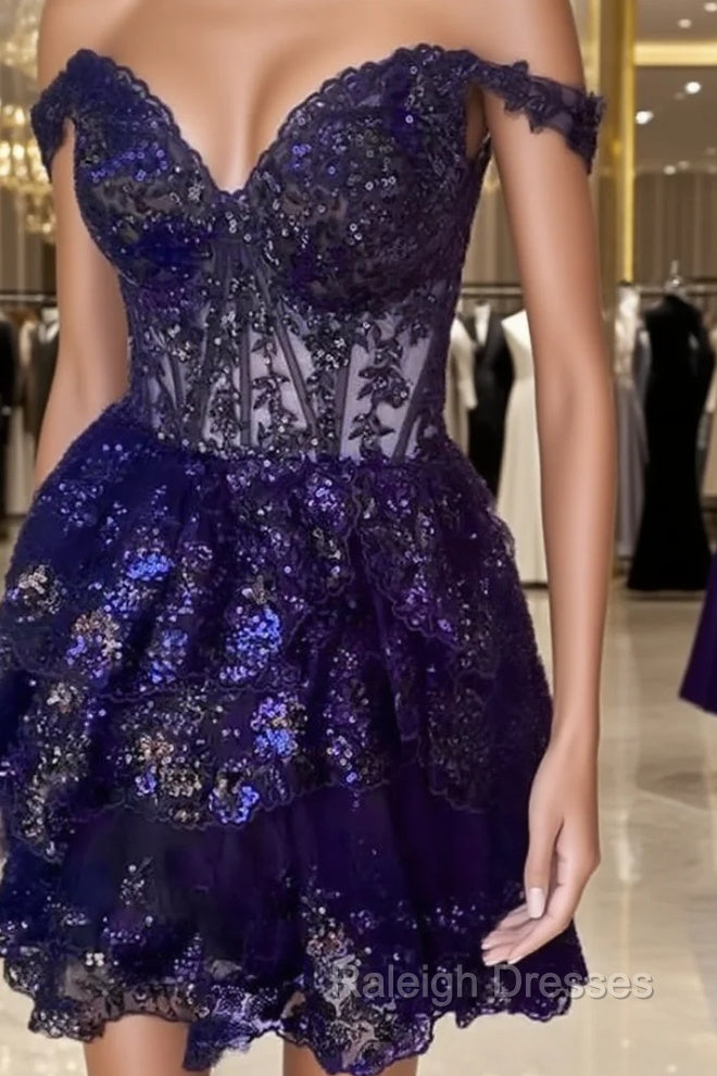 Navy Blue Lace Ruffle Homecoming Dress Main image