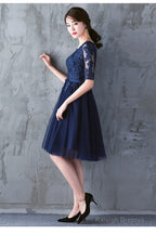 Navy Blue Lace Short Sleeves Tulle Short Homecoming Dress, Blue Tulle Prom Dress Formal Dress