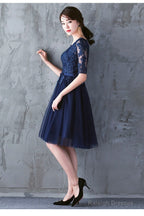 Navy Blue Lace Short Sleeves Tulle Short Homecoming Dresses Blue Tulle Prom Dresseses