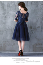 Navy Blue Lace Short Sleeves Tulle Short Homecoming Dress, Blue Tulle Prom Dress Formal Dress