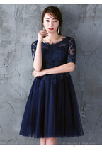 Navy Blue Lace Short Sleeves Tulle Short Homecoming Dresses Blue Tulle Prom Dresseses