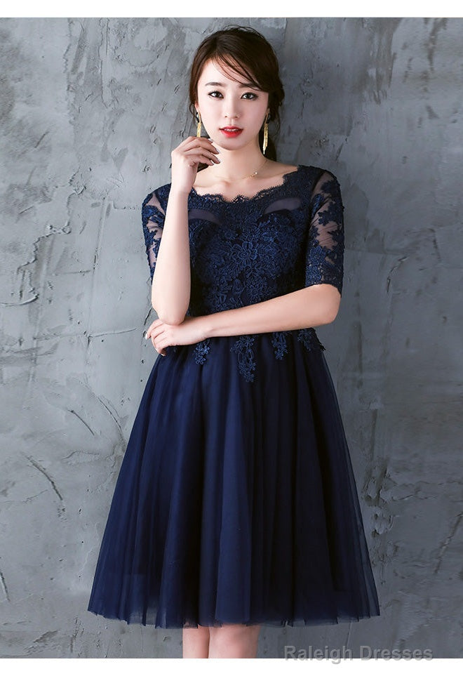 Navy Blue Lace Short Sleeves Tulle Short Homecoming Dresses Blue Tulle Prom Dresseses