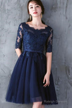 Navy Blue Lace Short Sleeves Tulle Short Homecoming Dress, Blue Tulle Prom Dress Formal Dress