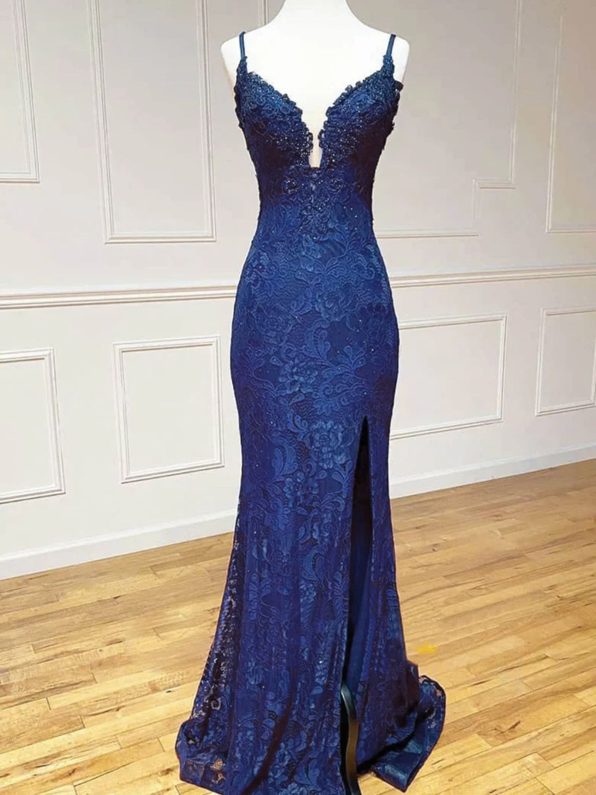 Navy Blue Lace Mermaid Straps Prom Dress With Side Slit, Navy Blue Long Evening Dress Main image