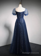 Navy Blue Long Off Shoulder A Line Prom Dress, Blue Formal Dress