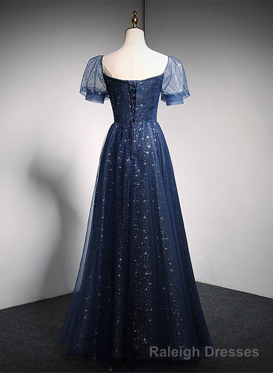 Navy Blue Long Off Shoulder A Line Prom Dress, Blue Formal Dress
