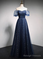 Navy Blue Long Off Shoulder A-line Prom Dress, Blue Formal Dress