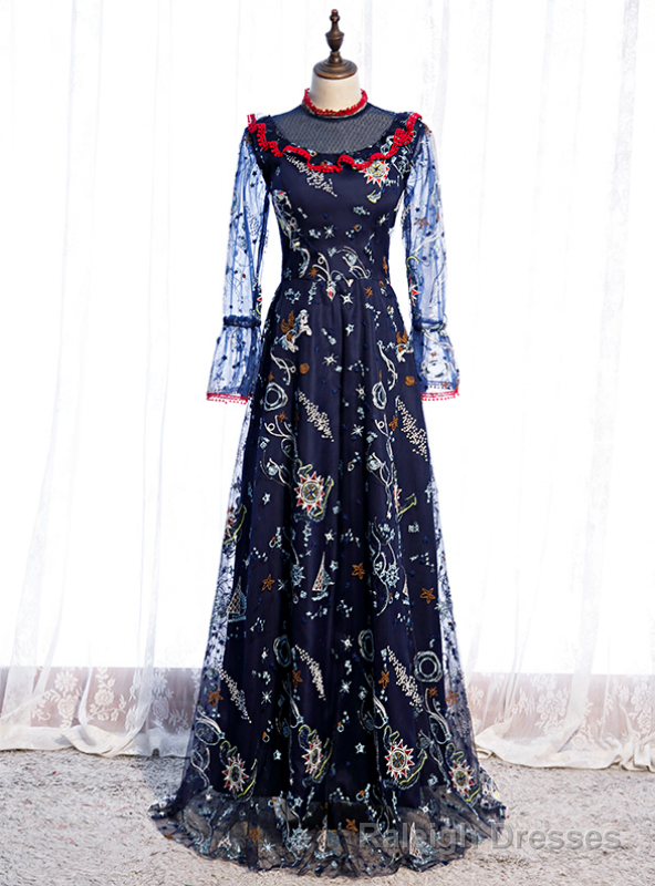 Navy Blue Long Sleeve Embroidery High Neck Prom Dress
