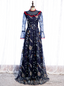 Navy Blue Long Sleeve Embroidery High Neck Prom Dress