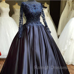 Navy Blue Long Sleeve Prom Dress Appliques Beaded Ball Gown