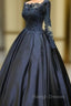 Navy Blue Long Sleeve Prom Dress Appliques Beaded Ball Gown