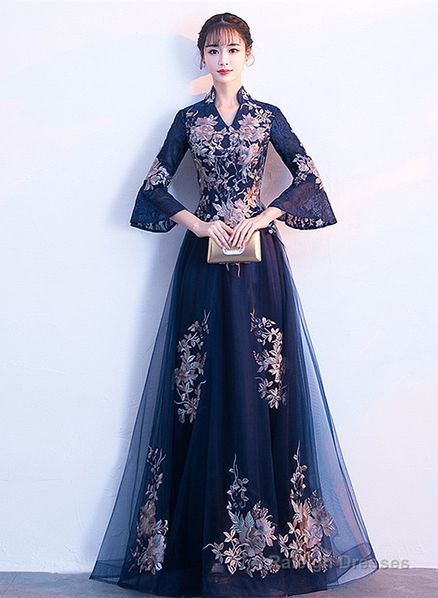 Navy Blue Long Sleeves A-Line Prom Dresses Navy Blue Bridesmaid Dresses Prom Dresses