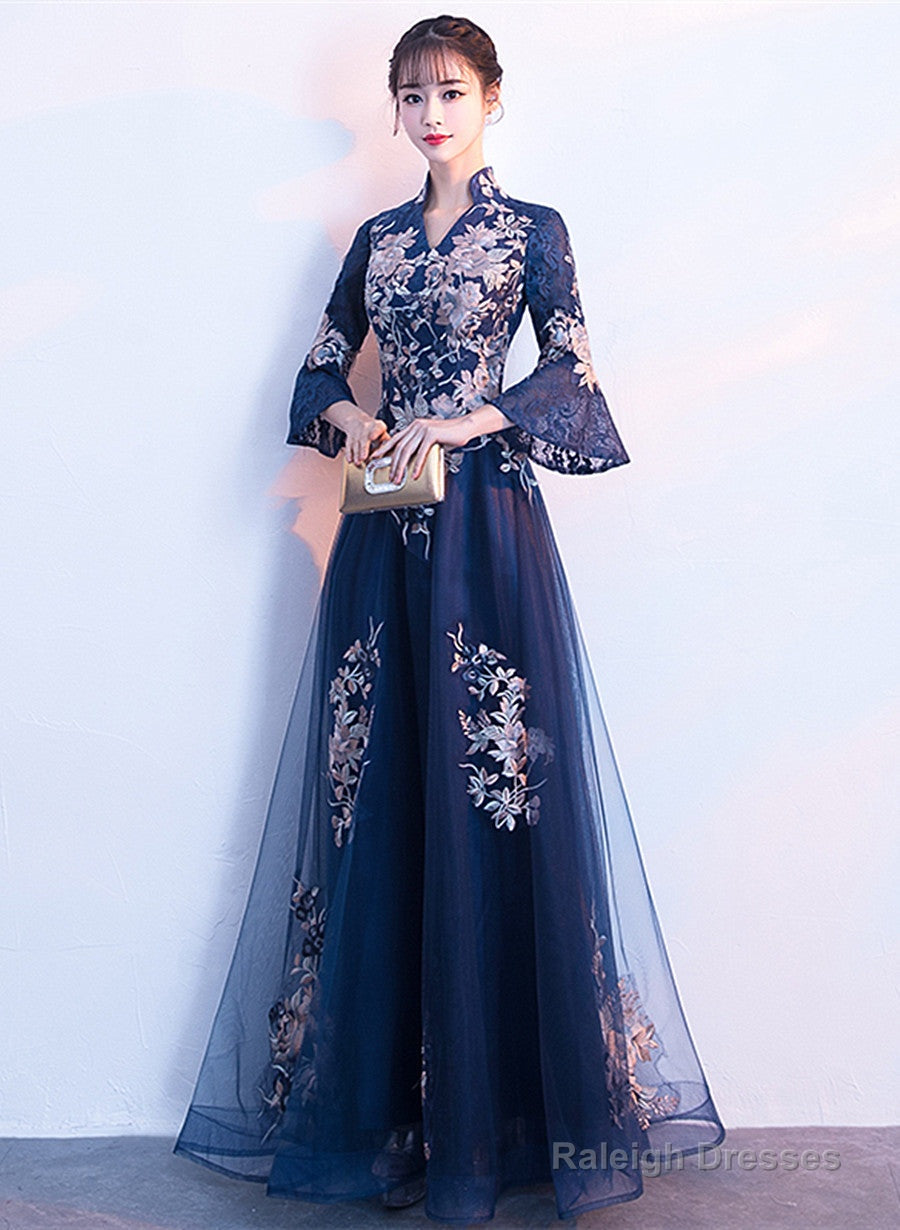 Navy Blue Long Sleeves A-Line Prom Dresses Navy Blue Bridesmaid Dresses Prom Dresses