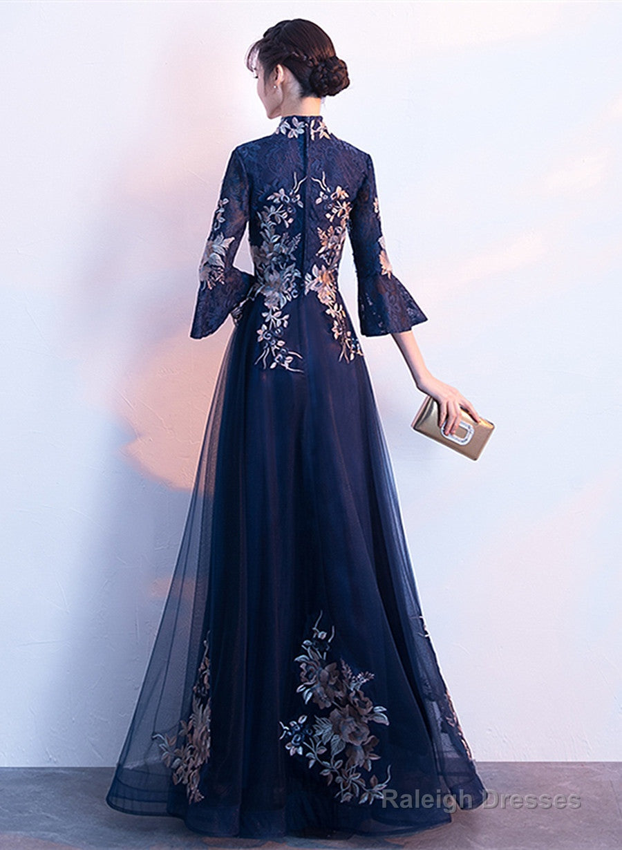 Navy Blue Long Sleeves A-Line Prom Dresses Navy Blue Bridesmaid Dresses Prom Dresses