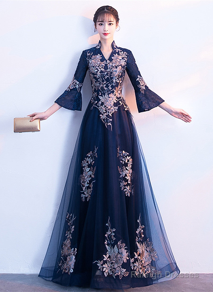 Navy Blue Long Sleeves A-Line Party Dress, Navy Blue Bridesmaid Dress Prom Dress Main image