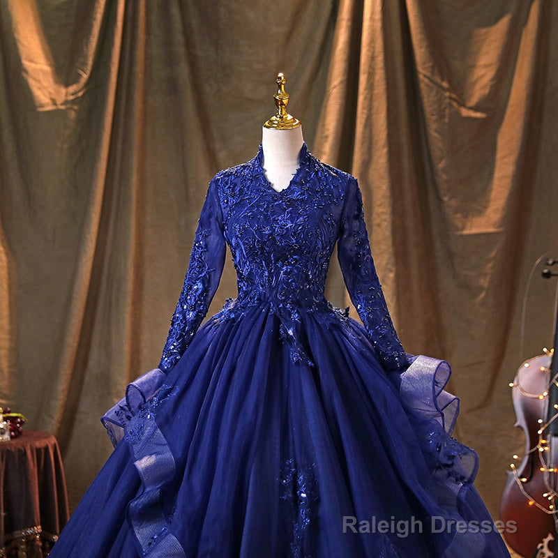 Navy Blue Long Sleeves Party Dress Prom Dress, Tulle With Lace Formal Dresses