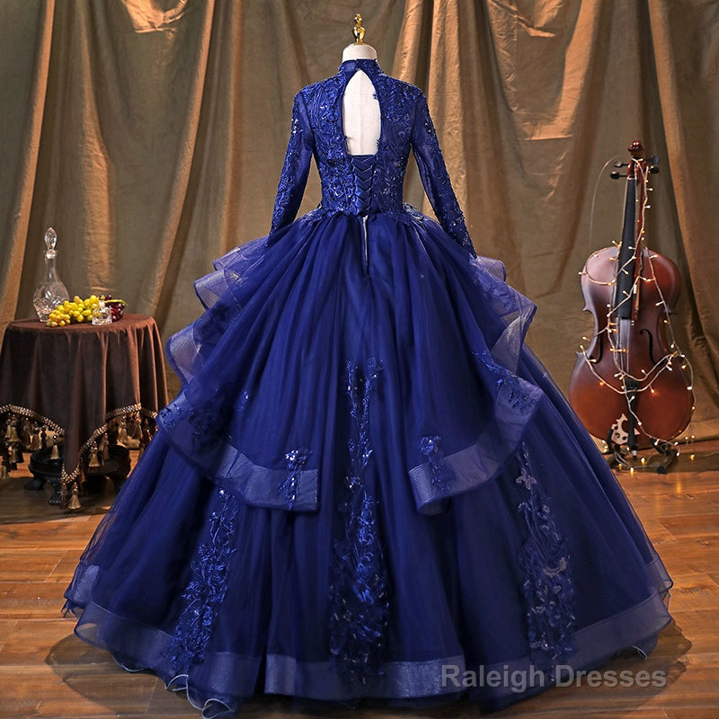 Navy Blue Long Sleeves Prom Dresseses Tulle With Lace Prom Dress