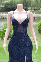 Navy Blue Mermaid Prom Dresses Long With Leg Slit Navy Blue Prom Dresses