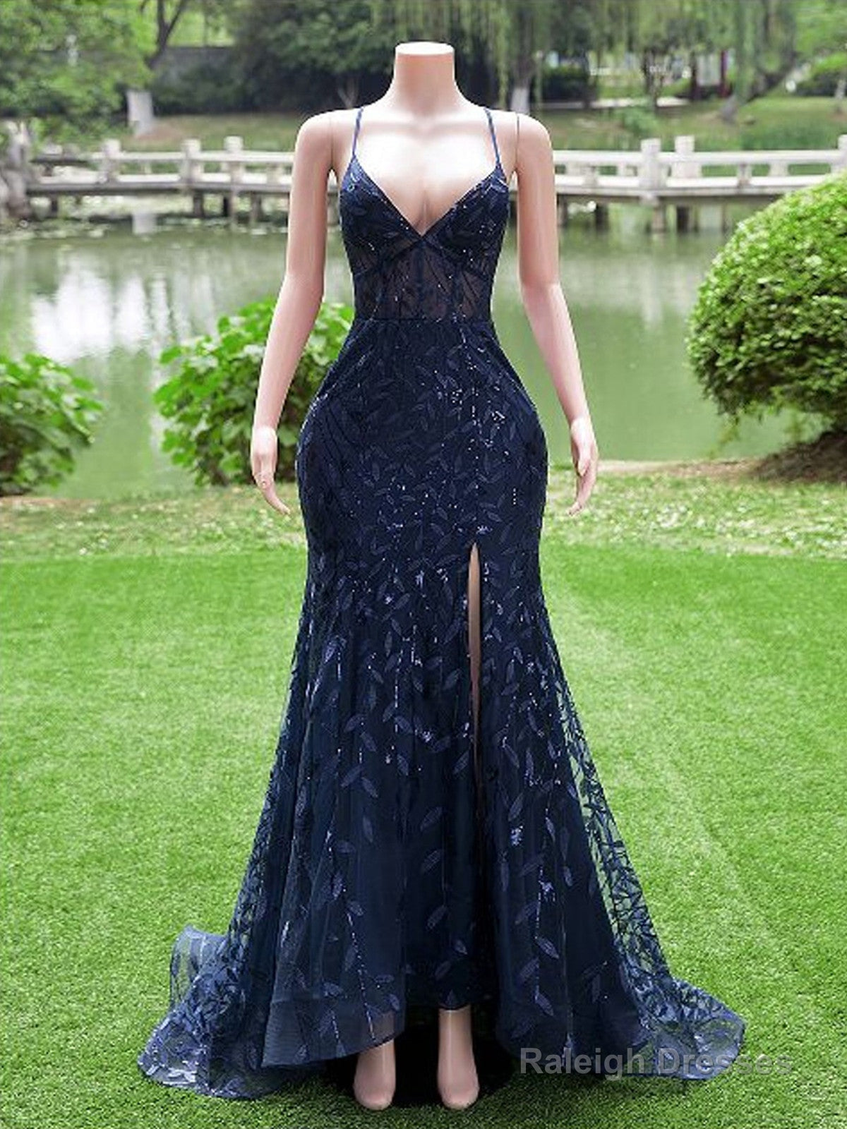 Navy Blue Mermaid Long Prom Dress With Leg Slit, Navy Blue Party Dress Main image