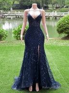 Navy Blue Mermaid Long Prom Dress With Leg Slit, Navy Blue Party Dress